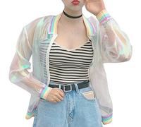 ANKOMINA Aimeio Women Girl Jacket Laser Rainbow Hologram Iridescent Transparent Bomber Jacket Sun-Proof Coat - Multi -