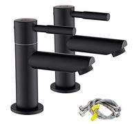 Ankoory Bathroom Basin Pillar Taps, Pair of Sink Taps for Washroom, Modern 2 Pcs Faucets, Hot and Cold Faucets with Flexible Tails, 1/4 Turn Ceramic Disc, Quick Installation, Brass (Matte Black)