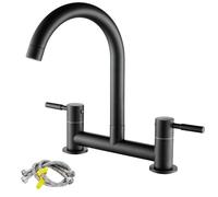 Ankoory Bridge Kitchen Sink Mixer Tap, 2 Hole Kitchen Bridge Mixer, 180mm Centers Deck Mounted Faucet with G1/2 Hoses, UK Standard Fittings, Dual Lever 1/4 Turn, 360° Swivel Spout, Brass, Matte Black