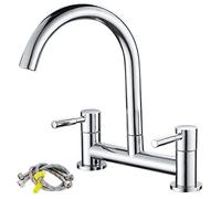 Ankoory Bridge Kitchen Sink Mixer Tap, 2 Hole Kitchen Bridge Mixer, 180mm Centers Deck Mounted Faucet with G1/2 Hoses, UK Standard Fittings, Dual Lever 1/4 Turn, 360° Swivel Spout, Brass, Chrome