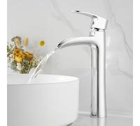 Ankoory Waterfall Bathroom Basin Mixer Tap, Tall Bathroom Sink Taps for Counter Top Basin, Monobloc Washroom Sink Faucet, Retro High Rise Basin Mixer with Flexible Tails, Solid Brass (Chrome)