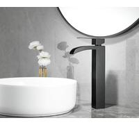Ankoory Waterfall Bathroom Basin Mixer Tap, Tall Tap for Counter Top Basin, Monobloc Washroom Faucet with 18 cm Spout, Modern High Rise Basin Mixer with Flexible Tails, Stainless Steel, Matte Black