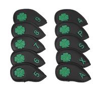 ANKROYU 10 PCS Golf Club Head Covers Four Leaf Clover Pattern PU Delicate Golf Iron Covers Set for Most Clubs 4 5 6 7 8 9 A P S X (Black)