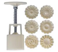 ANKROYU DIY Cake Mold Hand Pressed Decorative Mold with 6 Stamps Adjustable Height Durable ABS Material for Baking Biscuits Moon Cakes Desserts Home Kitchen Party Use 50g Capacity (Three-Dimensional