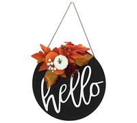 ANKROYU Round Wood Door Sign Rustic Farmhouse Welcome Hanging Decor for Front Door Christmas Halloween Holiday Home Party Decoration Handmade Floral Willow Hemp Rope 30x30cm 11.8x1 (Leaves Ginkgo)