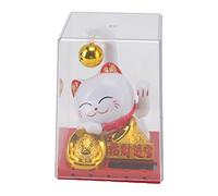 ANKROYU Solar Powered Lucky Cat Ornament Automatic Waving Hand Light Sensing Lucky Charm Decoration for Home Office Car Dashboard White Plastic 9.5cm Height with Small Bell