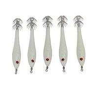 ANKROYU Squid Hook Jigs Hard Bait Fishing Lures 5PCS Simulation Squid False Bait Double Hook Design Artificial Squid Hooks for Saltwater Freshwater Fishing Stainless Steel Rubber M (Luminous White)