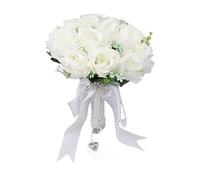 ANKROYU Wedding Bouquet Bridal Bouquet Artificial Flowers Pearl Crystal Hand Bouquet For Bride Bridesmaid Wedding Photography White Plastic Ribbon 31x22cm 9.7oz