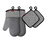 Ankway Oven Gloves and Pot Holders Set, Heat Resistant Silicone Oven Mitts, Non-Slip Pot Holders and Reusable Cotton Pads for Cooking Baking BBQ Grill Barbecue Microwave, Grey, 14.5 * 30cm (ASI007-P)
