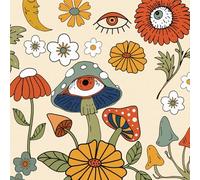 ANLIKY-Pro Mushroom Peel and Stick Wallpaper, 44 x 600 cm Self Adhesive Wallpaper Floral Cartoon Moon Eye Flower Leaf Wall Paper Orange Green Boho for Living Room, Bathroom, Cabinets