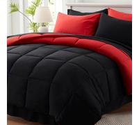 Anluoer Queen Comforter Set 7 Piece, Reversible Bed in a Bag Queen Size, Lightweight Bedding Set with 1 Comforter(88"*88"), 2 Pillow Shams, 2 Pillowcases, 1 Flat Sheet, 1 Fitted Sheet, Red & Black