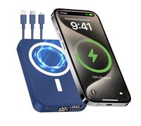 Anluomafuy Power Bank, 10000mAh Magnetic Powerbank Portable Charger with LED Display and Three Integrated Cables, USB-C Powerbank Compatible with iPhone 15/16 Xiaomi Android Others (Blue)