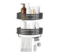 ANMEISH 2 Pcs Suction Cup Shower Caddy, Aluminium Corner Bathroom Shelf, No-Drilling Tidy Shower Organizer with Towel Bar and Hooks, Removable Wall Mounted for Shampoo Razors(Grey)