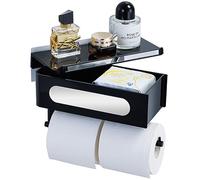 ANMEISH Toilet Roll Holder with Shelf, 3-in-1 Tissue Roll Paper Holder with Rotating Storage Box, Black ABS Toilet Roll Holders Wall Mounted, Self Adhesive or Screw for Bathroom Washroom