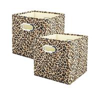 ANMINY 2 Pack Velvet Storage Cubes Foldable Washable Storage Cubes with Handles for Organizing and Storing, Leopard Cheetah Pattern (Brown, 11 x 11 x 11 inch)