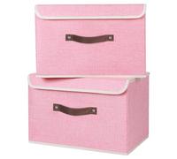 ANMINY 2PCS Storage Bins with Lid PU Leather Handles Storage Boxes PP Plastic Board Decorative Foldable Lidded Cotton Linen Fabric Home Cubes Baskets Closet Organizer Containers - Pink, Large Size
