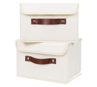 ANMINY 2PCS Storage Bins with Lid PU Leather Handles Storage Boxes PP Plastic Board Decorative Foldable Lidded Cotton Linen Fabric Home Cubes Baskets Closet Organizer Containers - Beige, Small Size