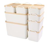ANMINY 8PCS All-in-One Lidded Plastic Storage Bins Set White Desk Basket Box Drawer Organizer Kitchen Food Container with Handles Removable Lids Decorative Clothes Laundry Closet Cabinet Shelf Cube