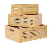 ANMINY Rattan Storage Basket Set of 3 Natural Bamboo Wooden Baskets with Handles Desktop Decorative Wicker Storage Basket Wood Nesting Crates Home Sundry Office Drawer Shelf Organizer