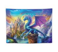 ANMOGID Tapestry Wall Hanging Aesthetic Decoration For Bedroom Living Room Wall Art Tapestries Dragon Castle Purple Blue 30"x40"