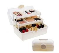 ANMOO Makeup Organiser, 3-Layer Plastic Storage Box with 2 Trays, Handle & Rotating Safety Lock, Portable Case for Cosmetics, Hair Accessories & Crafts (Cream, L)