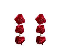 Anmpab Vintage Three Red Rose Flower Stud Earrings for Women Handmade Fabric Flower Dangle Drop Earrings Statement Jewelry, L, Metal, No Gemstone