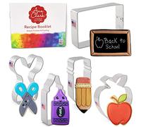 Ann Clark Cookie Cutters 5-Piece Back to School and Teacher Appreciation Cookie Cutter Set with Recipe Booklet, Pencil, Scissors, Apple, Crayon, Rectangle