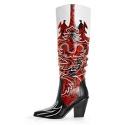 ANN CREEK Cowgirl Boots Side Zipper Womens Cowboy Boots Knee High Embroidery Woman Western Tall Pointed Toe Chunky Heel Two Tones, Red, 10 UK