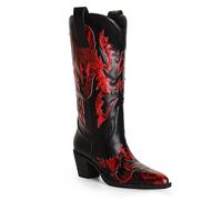ANN CREEK Womens Cowboy Boots Pull on Cowgirl Boots for Women Mid Calf Two Tones Knee High Western Boots Dressy Pointed Toe Chunky Heel Patchwork Design, Black/Red, 5.5 UK