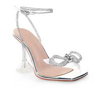 ANN CREEK Women's Heeled Sandals Double Bowknots Crystal Heels Sandals Clear Slingback Heels Square Toe Shoes for Party Wedding Dating, Silver, 3 UK
