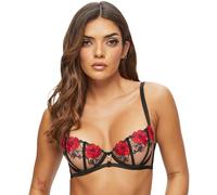 Ann Summers Caged Rose Non-Padded Balcony Bra Black & Red Sheer Mesh, A-D Cup, Embroidered Womens Underwear with Gold-Toned Detail, Stylish & Comfy Black Bra - Womens Lingerie
