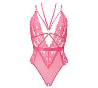 Ann Summers Confession Crotchless Lingerie Body Suit - Lace & Mesh Women’s Bodysuit with Halterneck, Plunge Front, Cut-Out Detail & Thong Back - Cross-Strap Design for Bold, Minimal Coverage - Pink