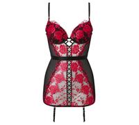 Ann Summers Endless Attraction Cami Suspender with Underwired Padded Plunge Cups with Jewelled Charm - One-Piece Bodysuit Underwear for Women - Mesh Harness Strappy Bra - Black & Red
