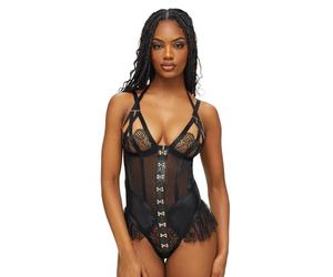 Ann Summers Exuberant Crotchless Lingerie Teddy - Lace, PU & Mesh Women's Bodysuit with Over-Bust Strapping, Hook & Eye Front, Mesh Brazilian Back & Frilled Lace Detail - Chic Lingerie Body Suit