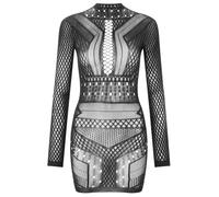Ann Summers Janelle Bodycon Dress - Long Sleeve Womens Mini Dress with Criss-Cross Panelling, Lace & Mesh Detail - Daring Bedroom Outfit or Party Wear for Women - Black