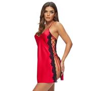 Ann Summers Rosalie Chemise Lace Trim Satin Nightdress with Lace Up Side Detail Ladies Nightdress with Adjustable Straps Chemise Nighties for Women, Flattering Womens Lingerie Dress Red