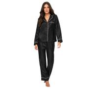 Ann Summers Signature Satin Long PJ Set (2 Piece) Jacquard Satin Pyjamas for Women - Luxurious Button-Up Womens Pyjamas for Bedtime or Lazy Mornings, Comfortable and Stylish Ladies PJs Black