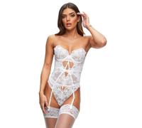 Ann Summers The Icon White Basque for Women with Padded Plunge Bra and Charm Detail, White Lace Corset, Wedding Underwear, Wedding Night, Underwired Plunge Bra, Women's Lingerie Set - White