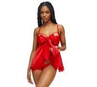 Ann Summers - Unwrap Me Satin Babydoll, Sexy Christmas Costume for Women, Satin Lingerie Set, Lace Babydoll with Wrap Bow Detail & Matching Crotchless Thong Red