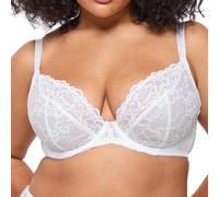 Ann Summers Valentines Sexy Lace Fuller Bust DD+ Non Padded Plunge Bra, DD-H Cup, Curve-Enhancing Womens Underwear with Underwire Support, Sheer Lace Cups & Power Mesh Wings White - Womens Lingerie