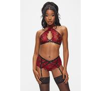 Ann Summers Brooke Crotchless Set, Small, Black/Red - Made from two-toned floral lace with silver hardware