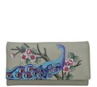Anna by Anuschka Hand Painted Women’s Genuine Leather Ladies Checkbook Clutch Wallet, Peacock Bliss Taupe, One Size