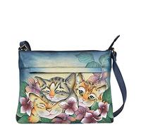 Anna by Anuschka Women Hand Painted Leather Medium Crossbody-Three Kittens Blue, One Size