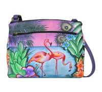 Anna by Anuschka Women's Crossbody Original Hand-Painted Cross Body Organizer-Leather Handbag, Tropical Flamingos, One Size