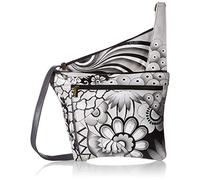 Anna by Anuschka Women's Medium Cross Body Handpainted Leather Asymmetric Slim Crossbody Bag with Zippered Pockets-Patchwork Pewter, One Size