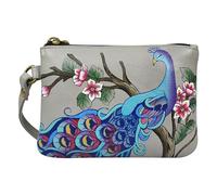 Anna by Anuschka Women's Original Leather Hand-Painted Coin Purse Zippered Pouch with a Top Zip Entry and Detachable Wrist Strap, Peacock Bliss Taupe, One Size