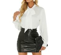 ANNA&CHRIS Escalier Women's Silk Blouse Bow Tie Neck Long Sleeve Satin Button Down Shirt Casual Office Blouse Top, White, Small