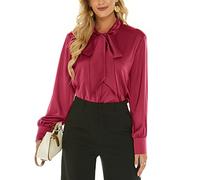 ANNA&CHRIS Escalier Women's Silk Blouse Long Sleeve Bow Tie Neck Button Down Shirts Casual Office Work Blouse Tops, Wine Red, L