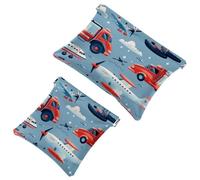 Anna Cowper 2Pcs Pocket Cosmetic Bag for Purses, Leather Small Makeup Bag Cosmetic Pouch, Portable No Zipper Makeup Pouch Coin Purse Jewelry Pouch, Fire Trucks Planes, Multicolor 1, Small and Large,