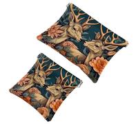 Anna Cowper 2Pcs Pocket Cosmetic Bag for Purses, Leather Small Makeup Bag Cosmetic Pouch, Portable No Zipper Makeup Pouch Coin Purse Jewelry Pouch, Vintage Deer Daisy, Multicolor 2, Small and Large,